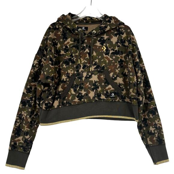 Converse Hooded Sweatshirt Womens Size M Cropped Hoodie Olive Star Camouflage - Picture 1 of 10